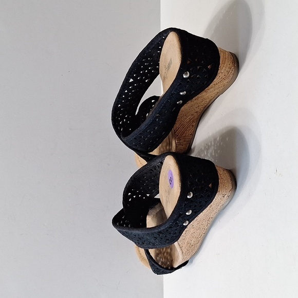 Minnetonka Black Tan Bohemian Lainey Boho Cut Out Suede Wedge Sandals Size 8 - Picture 10 of 12